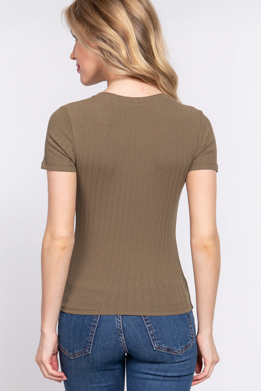 Olive Short Sleeve Crew Neck Variegated Rib Knit Top ccw