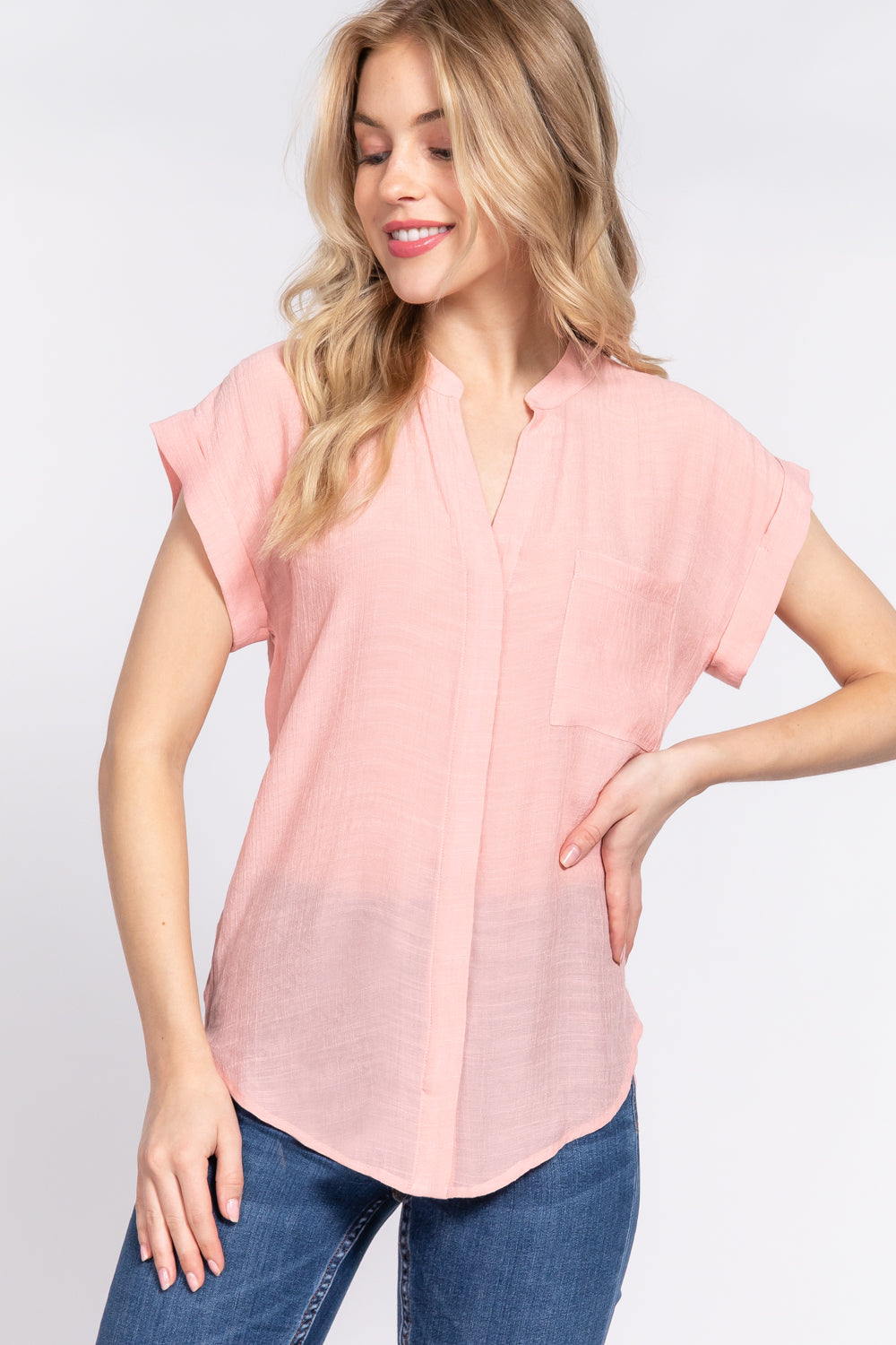 Pink Dolman Sleeve Button Down Woven Top ccw