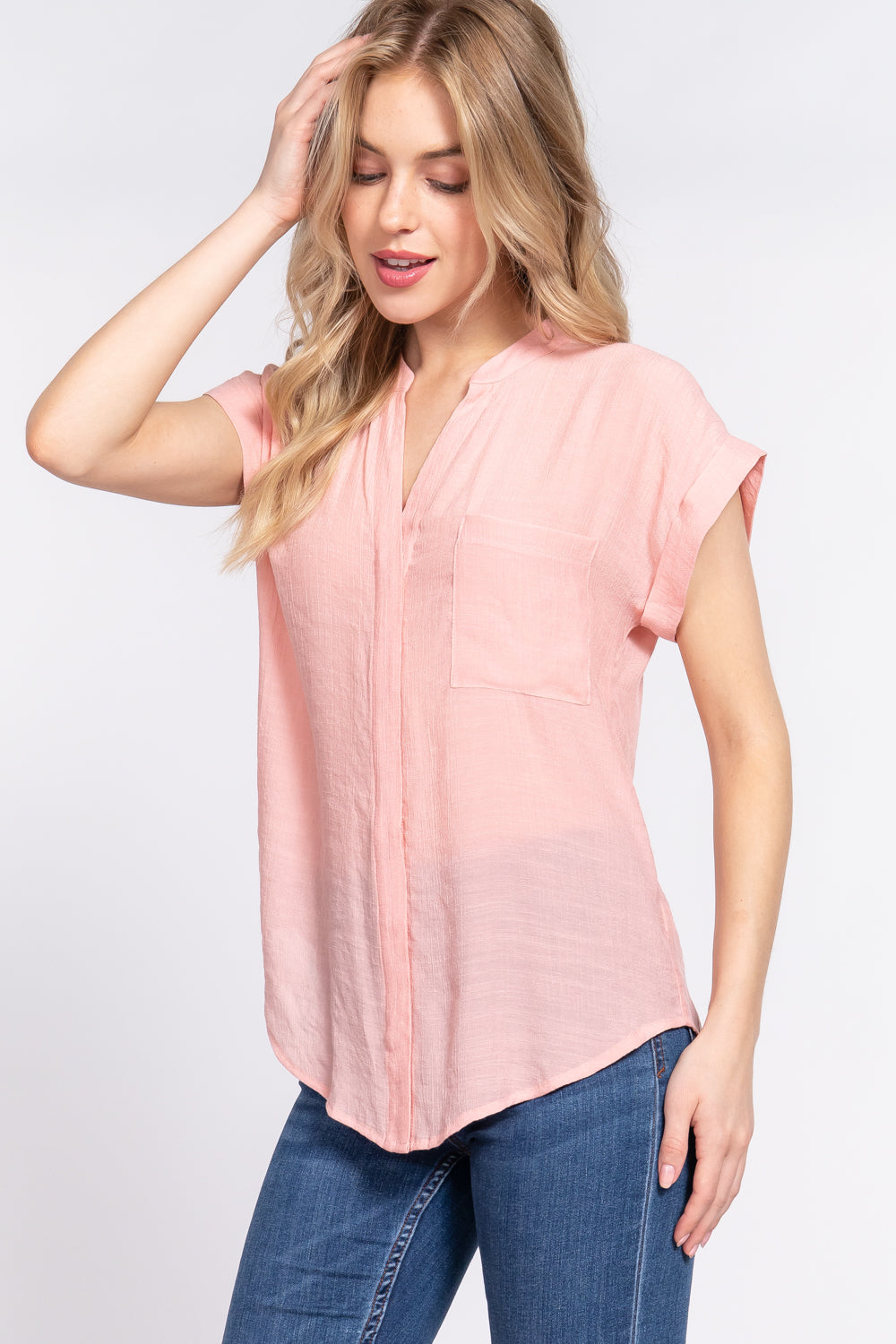 Pink Dolman Sleeve Button Down Woven Top ccw