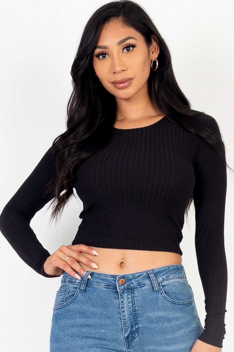Women's black long sleeve round neck basic crop top from Capella Apparel