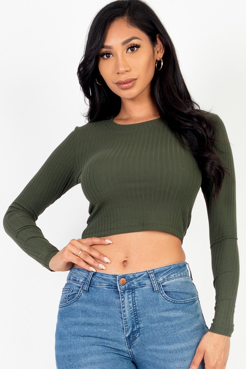 Olive Long Sleeve Round Neck Basic Crop Top ccw