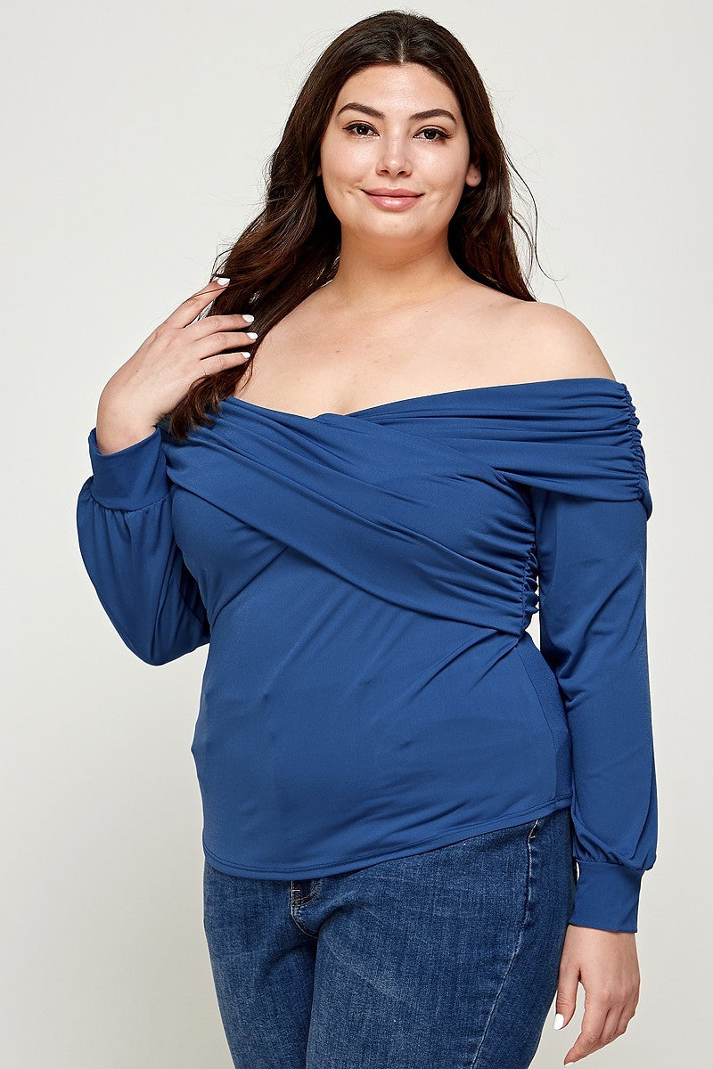 Blue Stone Plus Size Solid Wrap Dressy Long Sleeve Top ccw