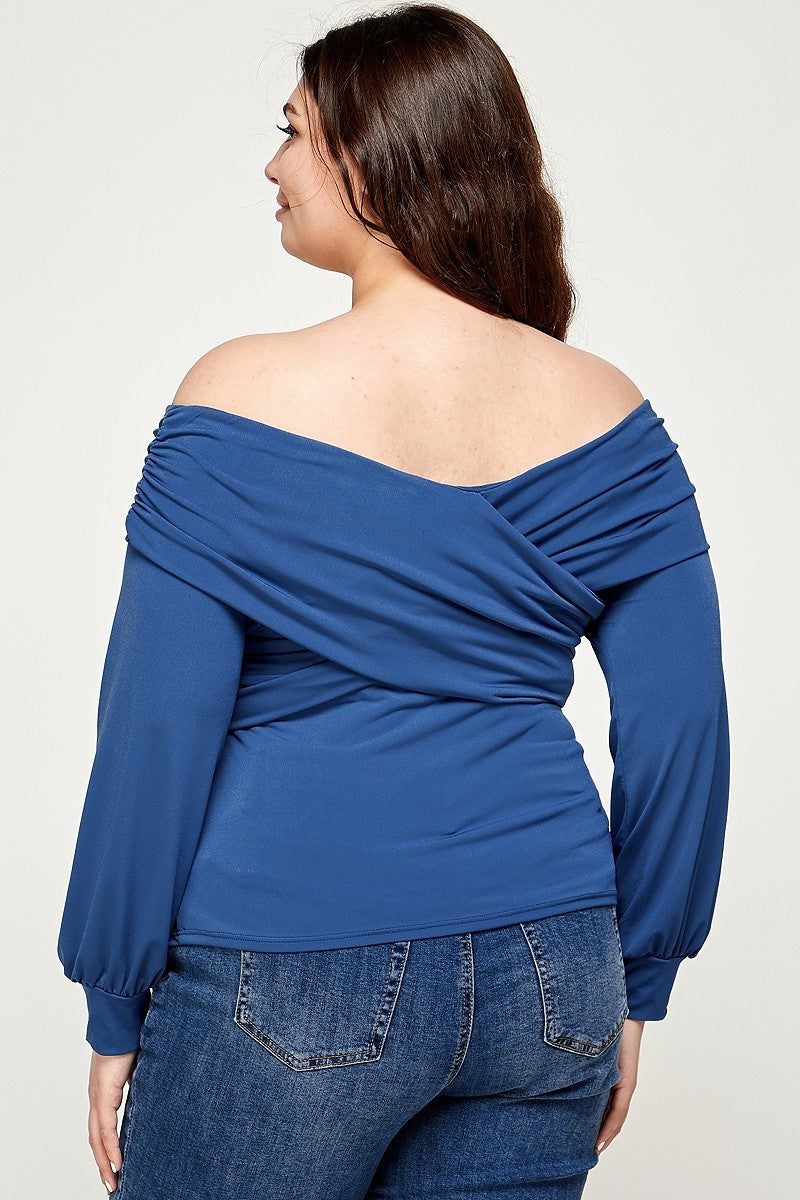 Blue Stone Plus Size Solid Wrap Dressy Long Sleeve Top ccw
