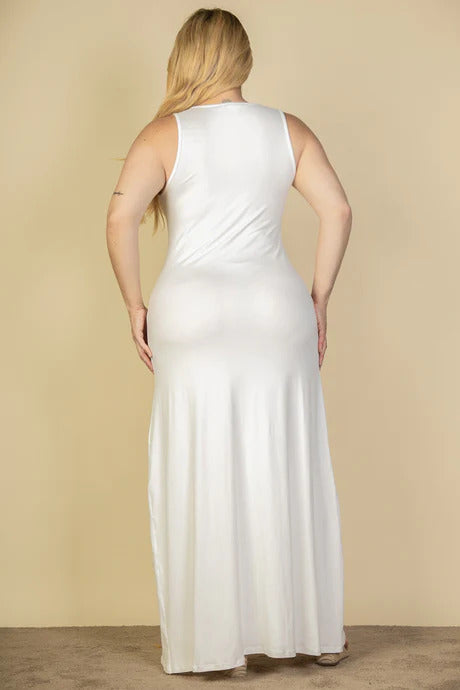 Plus Size White Plunge Neck Thigh Split Maxi Dress ccw
