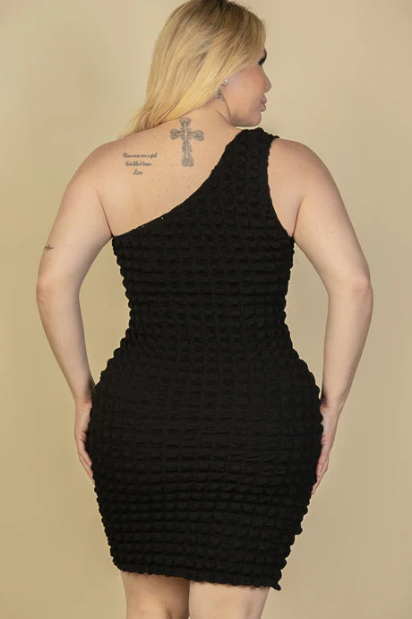 Plus Size Black Bubble Fabric One Shoulder Bodycon Mini Dress ccw
