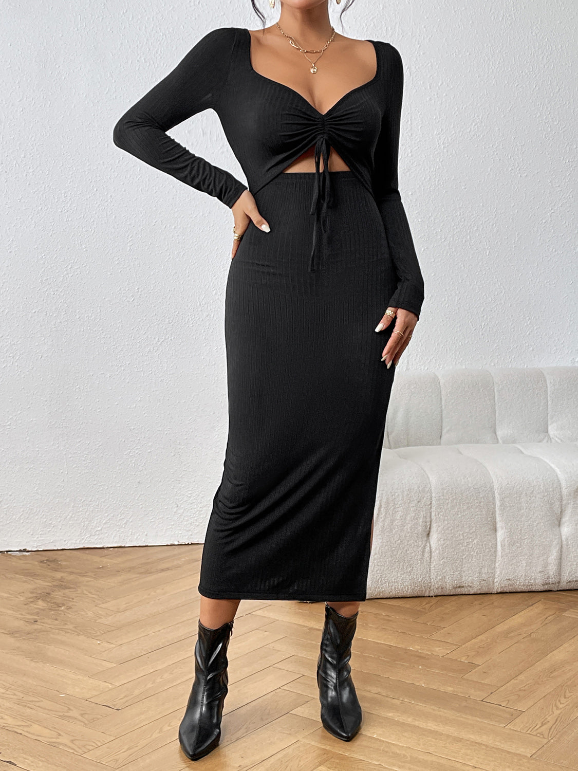 black dress with cutout drawstring halter design front with side slit, long sleeves and silky polyester fabric
