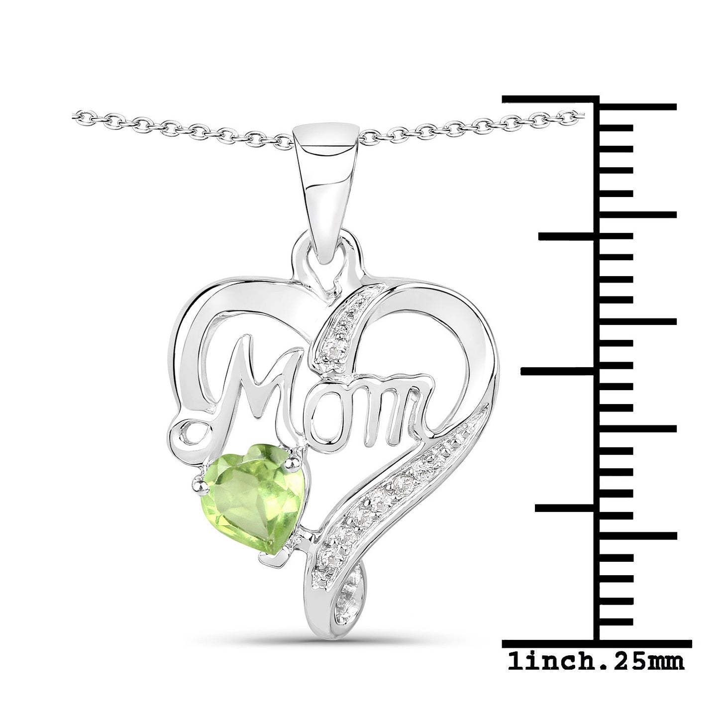 Sterling Silver Peridot and White Topaz Mom Heart Pendant with Chain fine