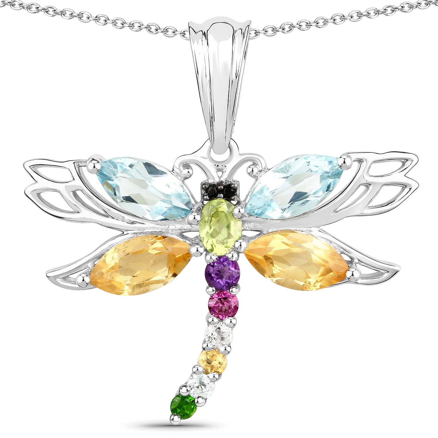 Sterling Silver Multi Gemstone Dragonfly Pendant with 18 Inch Chain fine